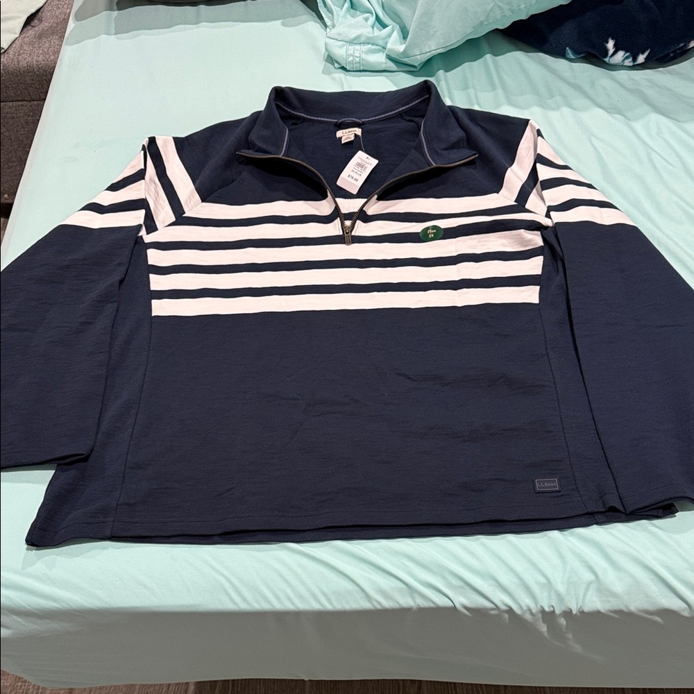 L.L. Bean Navy and White Striped Half-Zip Knit Pullover
